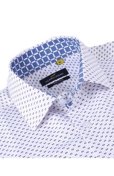 A wrinkle-free performance fabric defines this slim fit button-up shirt covered in a geometric print, making it a great choice for a well-dressed look. Front button closure Spread collar Long sleeves with adjustable button cuffs 93% polyester, 7% spandex Machine wash cold, tumble dry low Imported Model stats: 6'1" height, 32" waist. Model is wearing size Medium. Modern Blue Slim Fit Shirt, Modern Fitted Blue Shirt, Blue Tops With Geometric Pattern For Workwear, Blue Collared Shirt With Geometric Pattern, Fitted Printed Shirt With Spread Collar, Fitted Patterned Collared Shirt, Blue Geometric Pattern Collared Shirt, Fitted Geometric Pattern Tops For Work, Modern Shirt With Geometric Pattern For Workwear