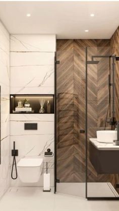 a modern bathroom with wood and marble accents, including a walk - in shower stall