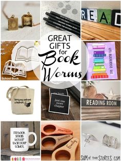 the words great gifts for book worms are shown in this collage with images of books and