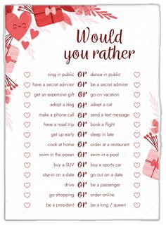 Date Night Would You Rather Game for Couples by LittleSizzle Couple Games Questions, Games Questions, Fun Couple Games, Date Night Questions, Valantine Day, Game For Couples, Couples Game Night, Valentine's Day Party Games, Valentine Party Game