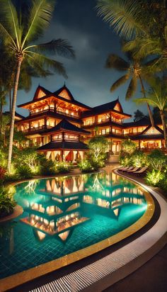 an outdoor swimming pool surrounded by palm trees and lit up buildings in the background at night