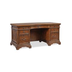 an executive desk with two drawers and one drawer on the left side, in dark wood