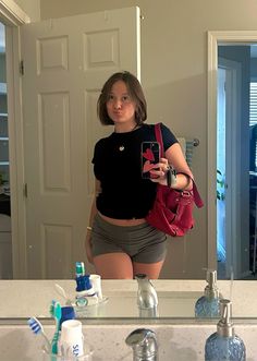 cherry red purse, grey knit shorts, black baby tee outfit inspo, it girl aesthetic, trendy fashion, womens style Black Baby Tee Outfit, Red Purse Outfit, Baby Tee Outfit, Purse Outfit, Red Purse, Womens Style, Red Purses, Black Baby