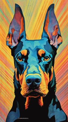 a painting of a doberman dog in front of an orange and blue background with sunbursts