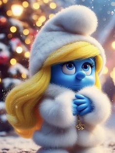 the smurf is dressed in winter clothing and holding his hand to his chest