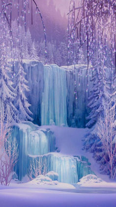 a painting of a frozen waterfall in the woods with trees and snow on it's ground