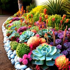 colorful succulents and other plants are in a garden bed on the ground