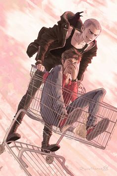 two people sitting in a shopping cart with one person on the other's back