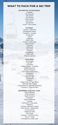 a ski lift with the words what to pack for a ski trip written in white