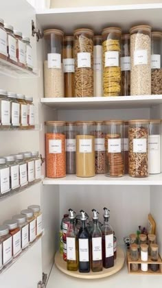 a pantry filled with lots of different types of spices and condiments on shelves