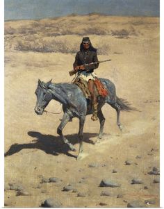 a painting of a man riding on the back of a white horse in a desert