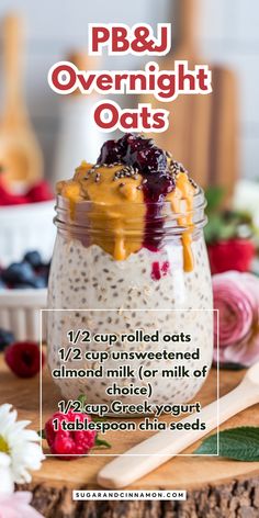 a jar filled with overnight oats on top of a wooden table