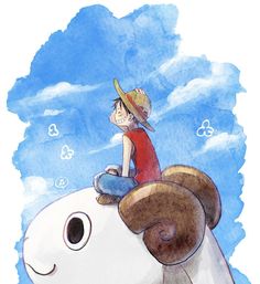 a drawing of a boy sitting on top of an elephant's head with clouds in the background