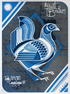 a blue and white poster with an image of a bird on it's back