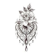 a black and white drawing of a rose with leaves on it's back side