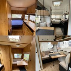 the interior and exterior of an rv with wood paneling, windows, and bed