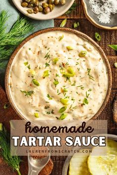 homemade tartar sauce in a bowl surrounded by other ingredients