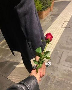 a person is holding a rose in their hand on the sidewalk with other people nearby