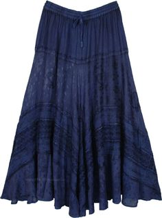 A beautiful deep blue long skirt in rayon. It has the perfect ensemble of delicate embroidery. #tlb #Embroidered #Misses #MaxiSkirt #bohemianfashion #RenaissanceSkirt #Rayonlongskirt #costumeskirt Western Long Skirt, Long Skirt Aesthetic, Blue Long Skirt, Long Blue Skirts, Whimsical Gothic, Skirt Costume, Skirt Aesthetic, Western Skirts, Blue Maxi Skirt