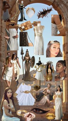 a collage of women dressed in ancient greek and roman fashions, including dresses