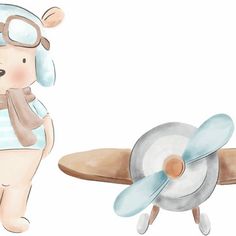 a watercolor drawing of an airplane and a bear with goggles on their heads