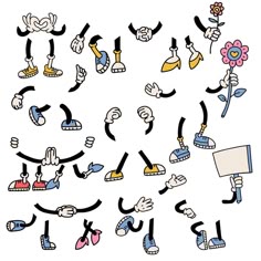 an image of various cartoon characters with different poses and expressions on them, all in black and white