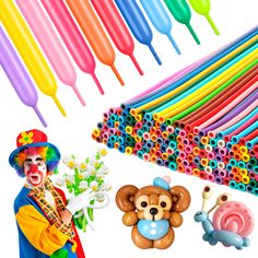 there is a clown holding a bunch of plastic spoons next to some colorful items