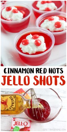 red hots jello shots with whipped cream and cherries