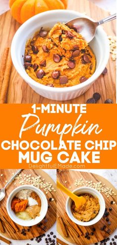 pumpkin chocolate chip mug cake in a white bowl on top of a wooden cutting board