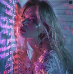 a woman standing in front of a wall with neon lights