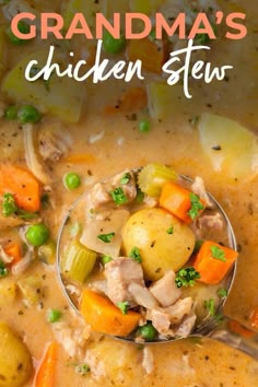 a spoon full of chicken stew with carrots and celery on the side