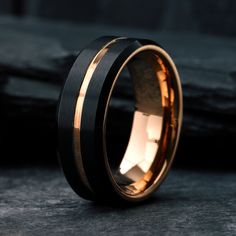 Mens Black and Rose Gold Wedding Ring Men's Wedding Rings Rose Gold, Black And Rose Gold Wedding, Rose Gold Interior, Rose Gold Tungsten Ring, Ring Engraving, Rose Gold Tungsten, Ring Minimal, Rwby Anime, Tungsten Wedding Rings