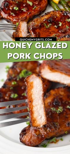 A graphic with two photos of honey glazed pork chops. Delicious! Honey Garlic Marinade, Pork Chop Marinade Recipes, Delicious Pork Chops, Honey Glazed Pork Chops, Glazed Pork Chops Recipes, Honey Pork Chops, Pork Chop Seasoning, Marinated Pork Chops, Honey Garlic Pork Chops