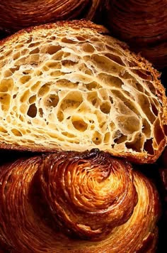 a close up view of some breads