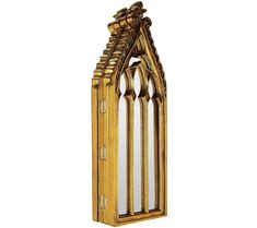 an ornately carved wooden wall mirror with mirrors on the front and side panels in gold