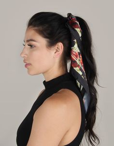 BANDED Women’s Premium Hair Accessories - Dark Floral - Scrunchie Bandana Black Floral Print Scarf, Elegant Black Headscarf For Spring, Elegant Black Spring Headscarf, Trendy Silk Scarves, Multicolor Satin Scarves For Spring, Black Silk Scarves With Floral Print, Black One-size Scarves For Spring, One Size Black Scarves For Spring, Black One Size Scarves For Spring