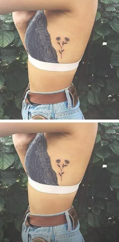 two pictures of the same woman's stomach with flowers on it