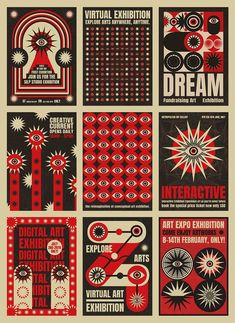 the poster for an art exhibition is shown in red and black, with different designs