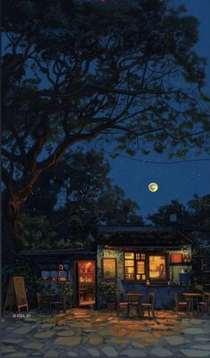 a painting of a house at night with the moon in the sky