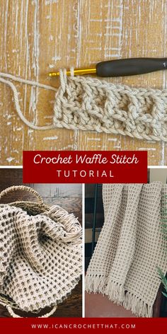 the crochet waffle stitch pattern is shown in three different pictures, including one with