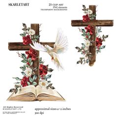 the cross is decorated with red flowers and greenery as well as a dove flying over an open book