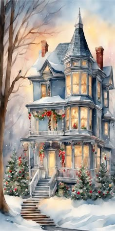 a painting of a house in the snow with christmas decorations on it's windows