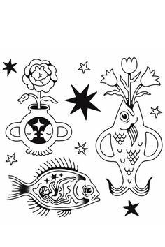 some black and white drawings with fish, stars and flowers on the bottom right side