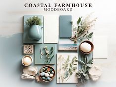 an assortment of items displayed on a table with the words coastal farmhousee moodboard