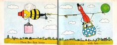 an open children's book with pictures of animals and balloons flying in the sky