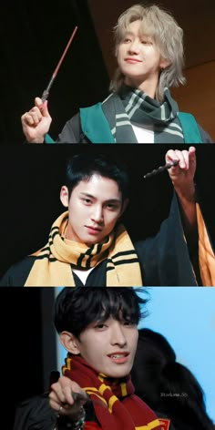 three different images of the same person holding a wand