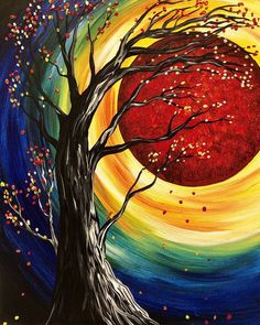 an acrylic painting of a tree in front of a red sun with leaves on it