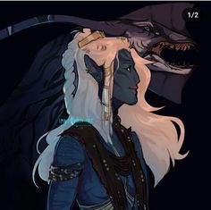 a woman with long white hair standing next to a dragon