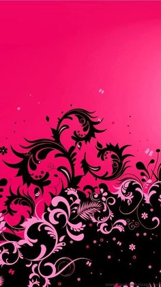 pink and black wallpaper with swirly designs on the bottom right hand corner is an abstract floral design