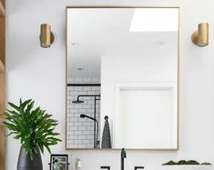 a bathroom sink with two faucets and a large mirror above it, next to a potted plant